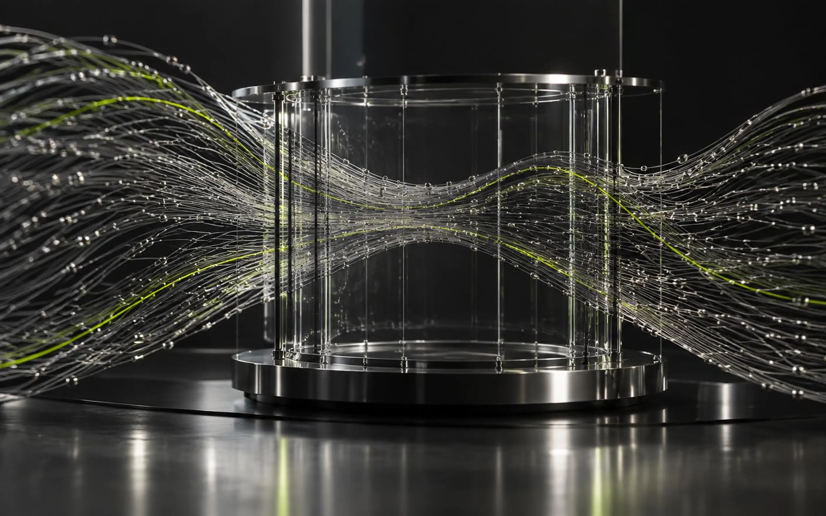Futuristic crypto analytics visualization with glass data panels and network nodes